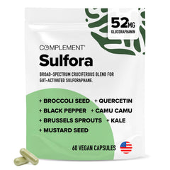 Complement Sulfora bottle with label highlighting sulforaphane and myrosinase