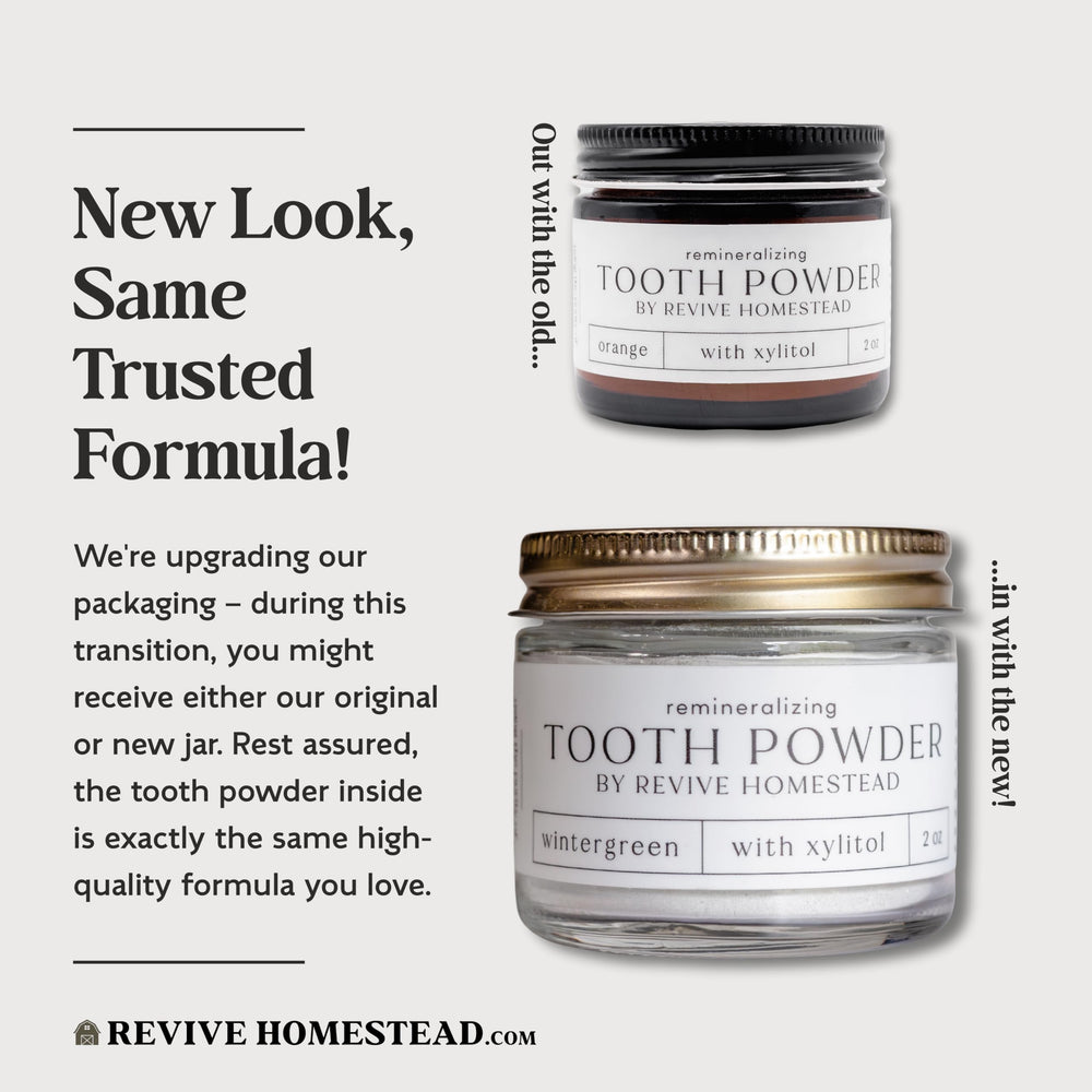Complete hydroxyapatite tooth powder packaging set in amber jar