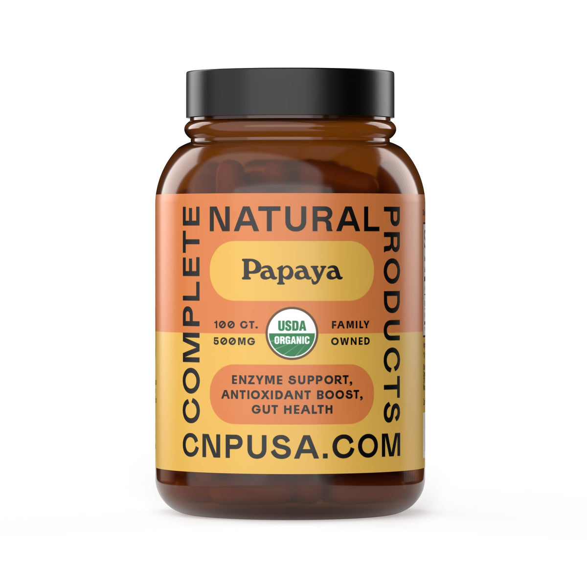 Front view of Complete Natural Papaya Enzymes capsules bottle 500mg 100 pills