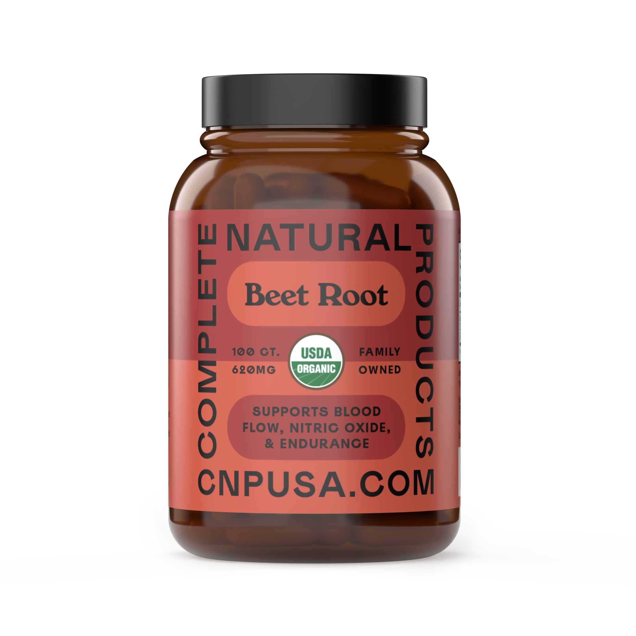 Complete Natural Products beet root capsules bottle shows vegan daily vitality supplement.