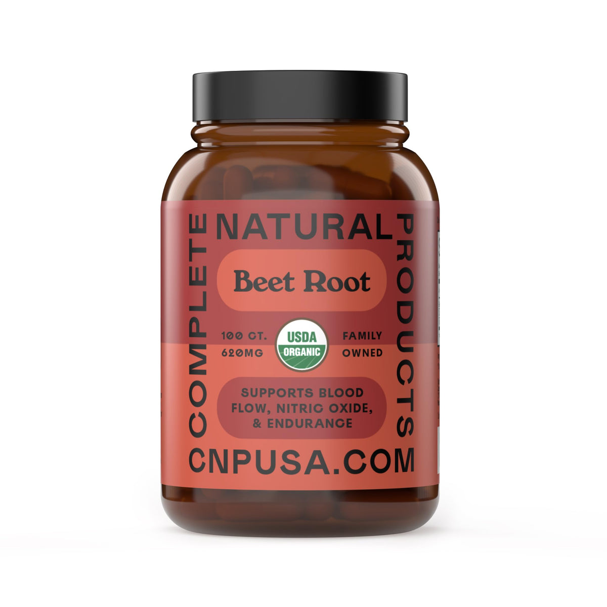 Complete Natural Products beet root capsules bottle shows vegan daily vitality supplement.