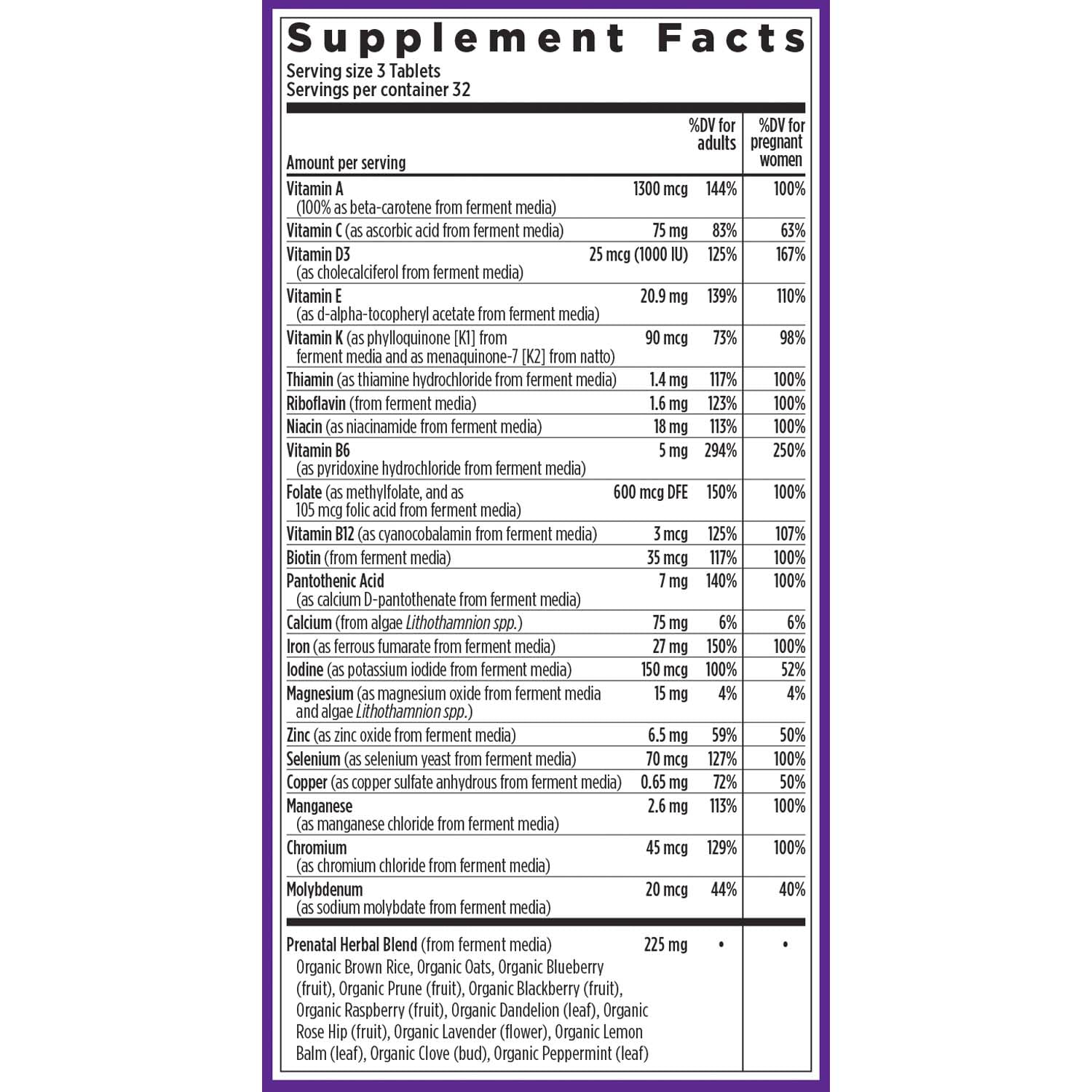 Three-tablet daily prenatal multivitamin with complete nutrient profile
