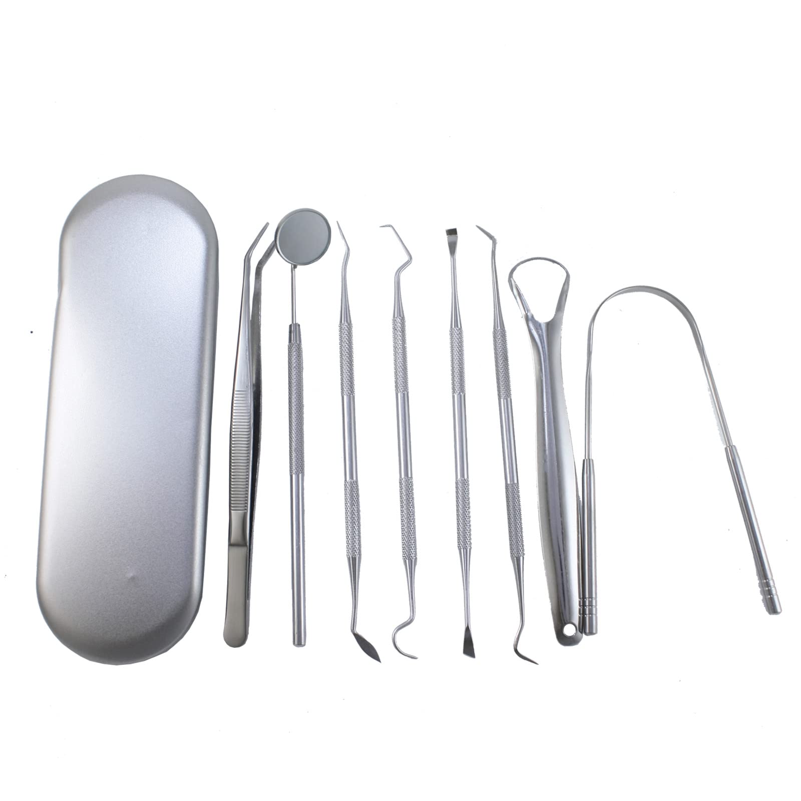 Stainless steel dental tools laid out for home cleaning