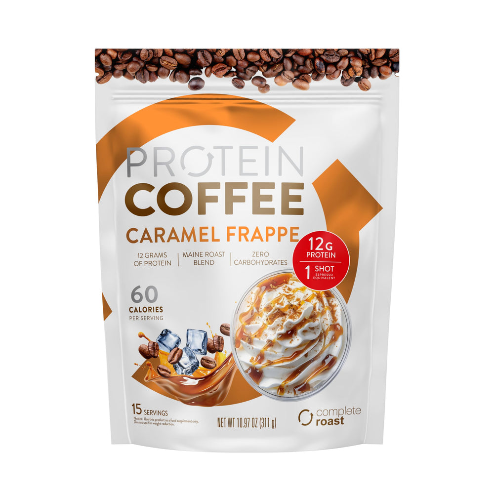 Cup of Complete Roast Caramel Frappe Protein Coffee with caramel foam