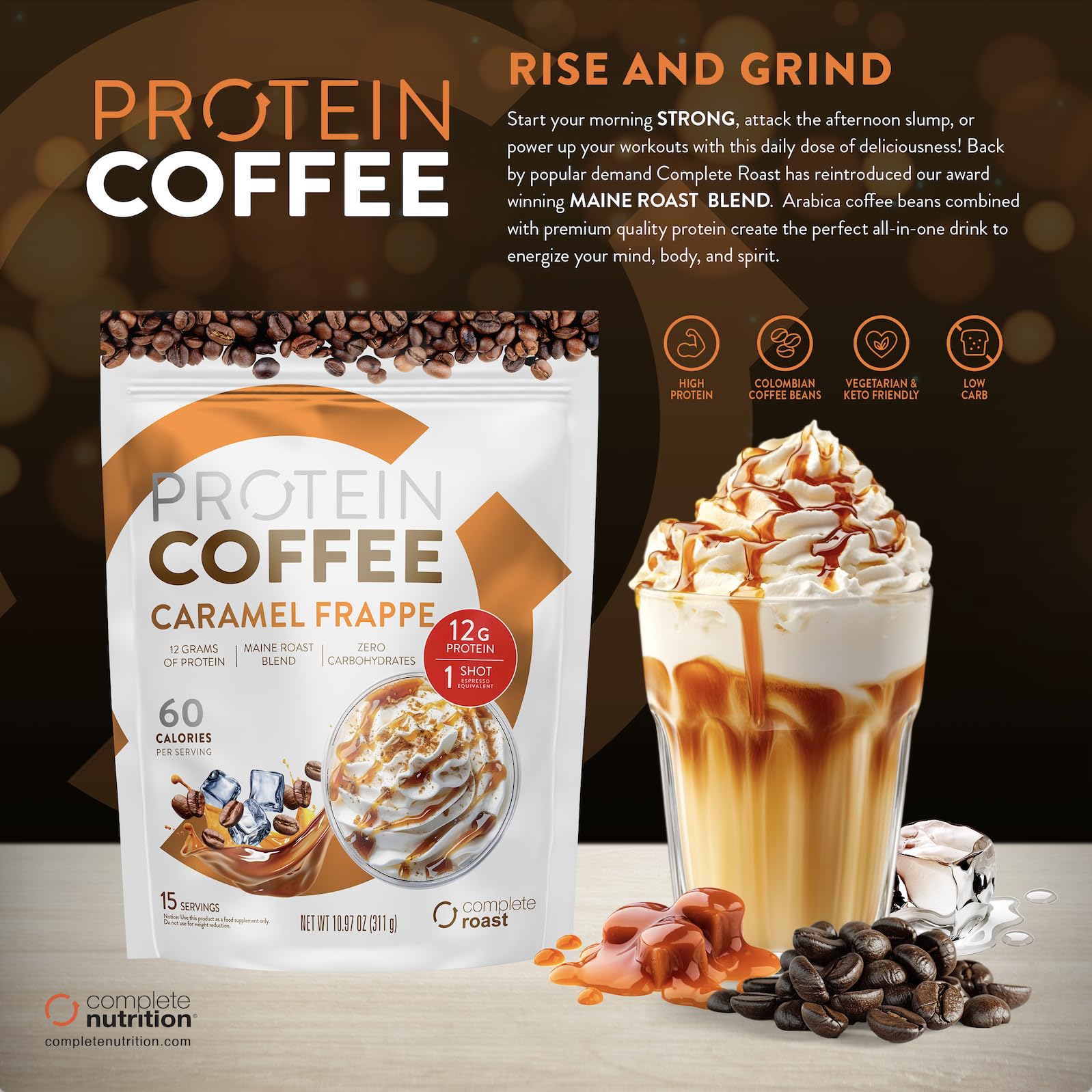 Ready-to-make Complete Roast Caramel Frappe Protein Coffee mix with coffee beans