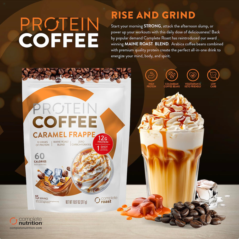 Ready-to-make Complete Roast Caramel Frappe Protein Coffee mix with coffee beans