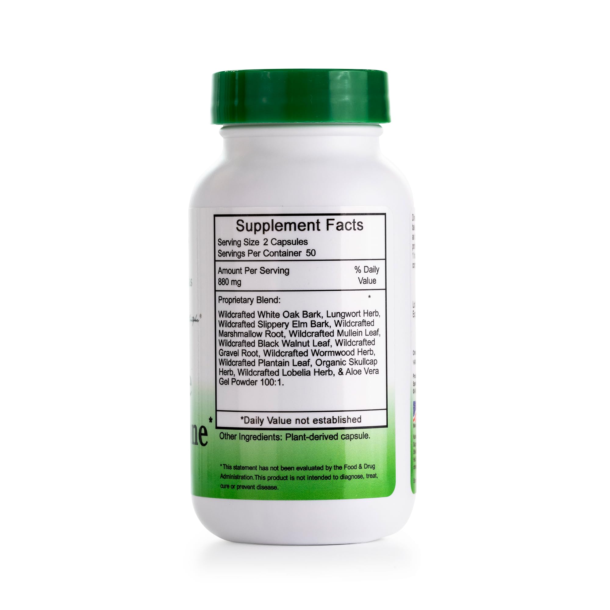 Close-up of key ingredients: White Oak Bark, Slippery Elm, and Mullein Leaf