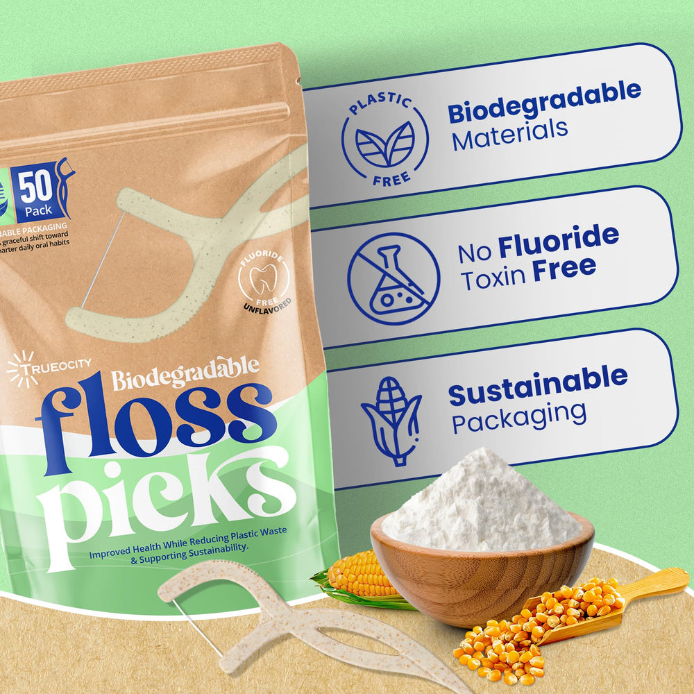 Compostable floss picks stored in a biodegradable bag.