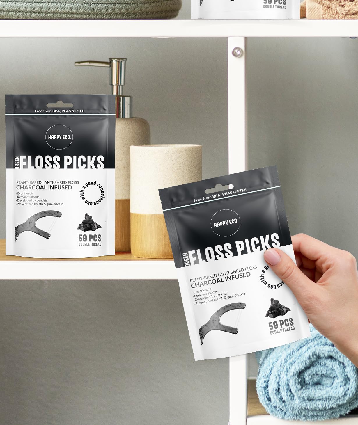 Compostable floss picks lifestyle shot