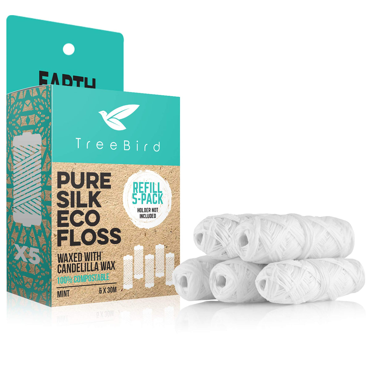 Five 33-yard spools of compostable silk floss in a kraft packaging box