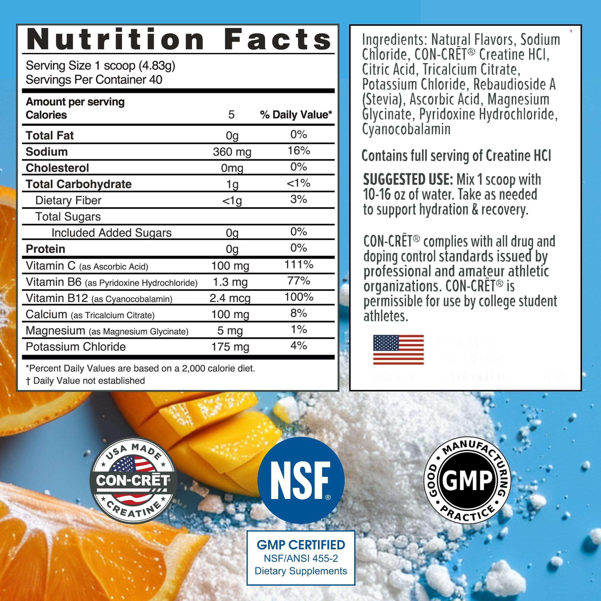 Front view of CON-CRET Hydration electrolyte powder canister Citrus Mango