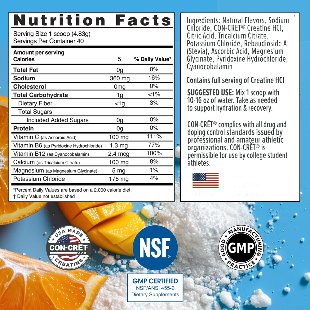 Front view of CON-CRET Hydration electrolyte powder canister Citrus Mango