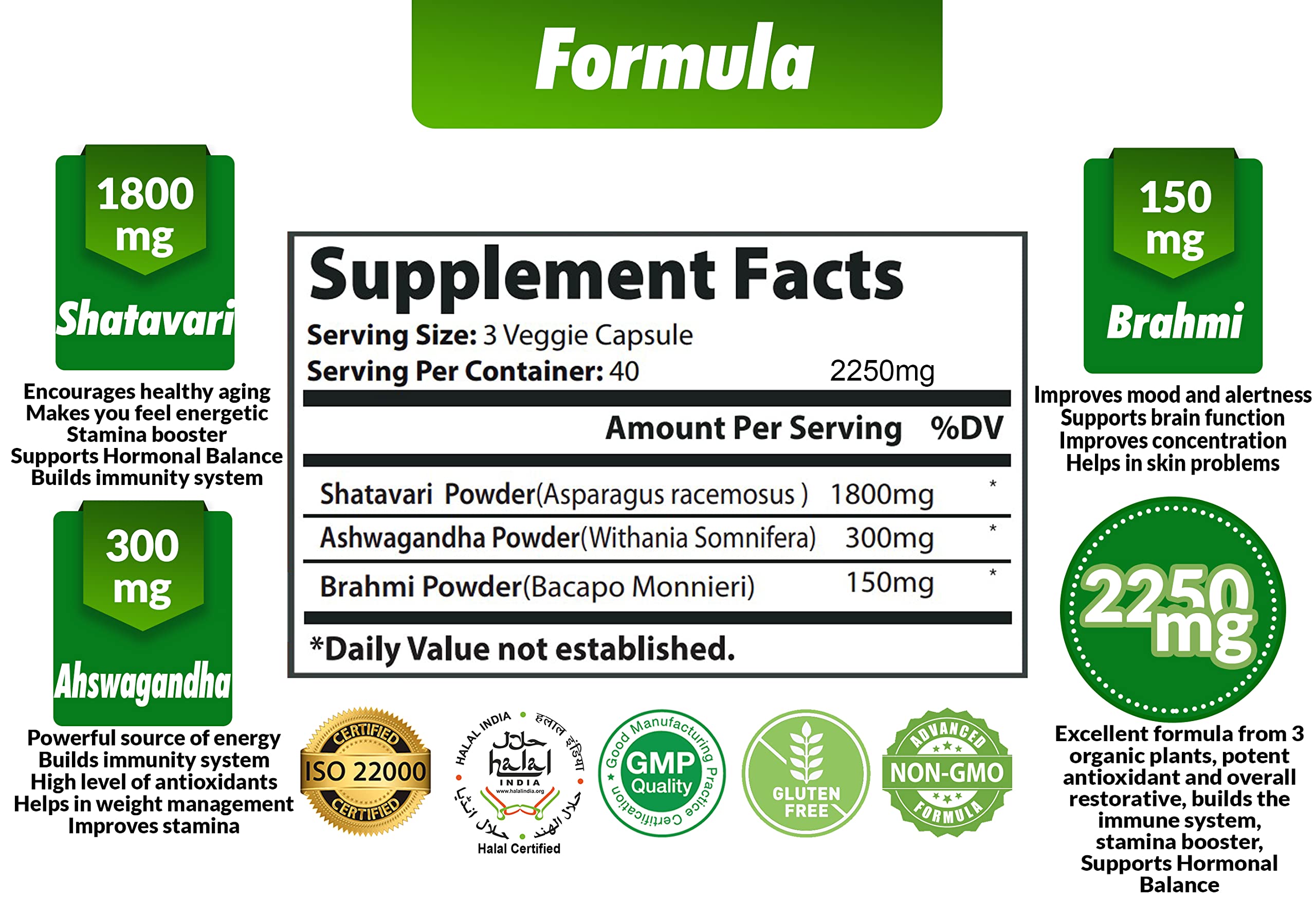Bottle of Cona Nature Shatavari capsules showing 2250 mg blend