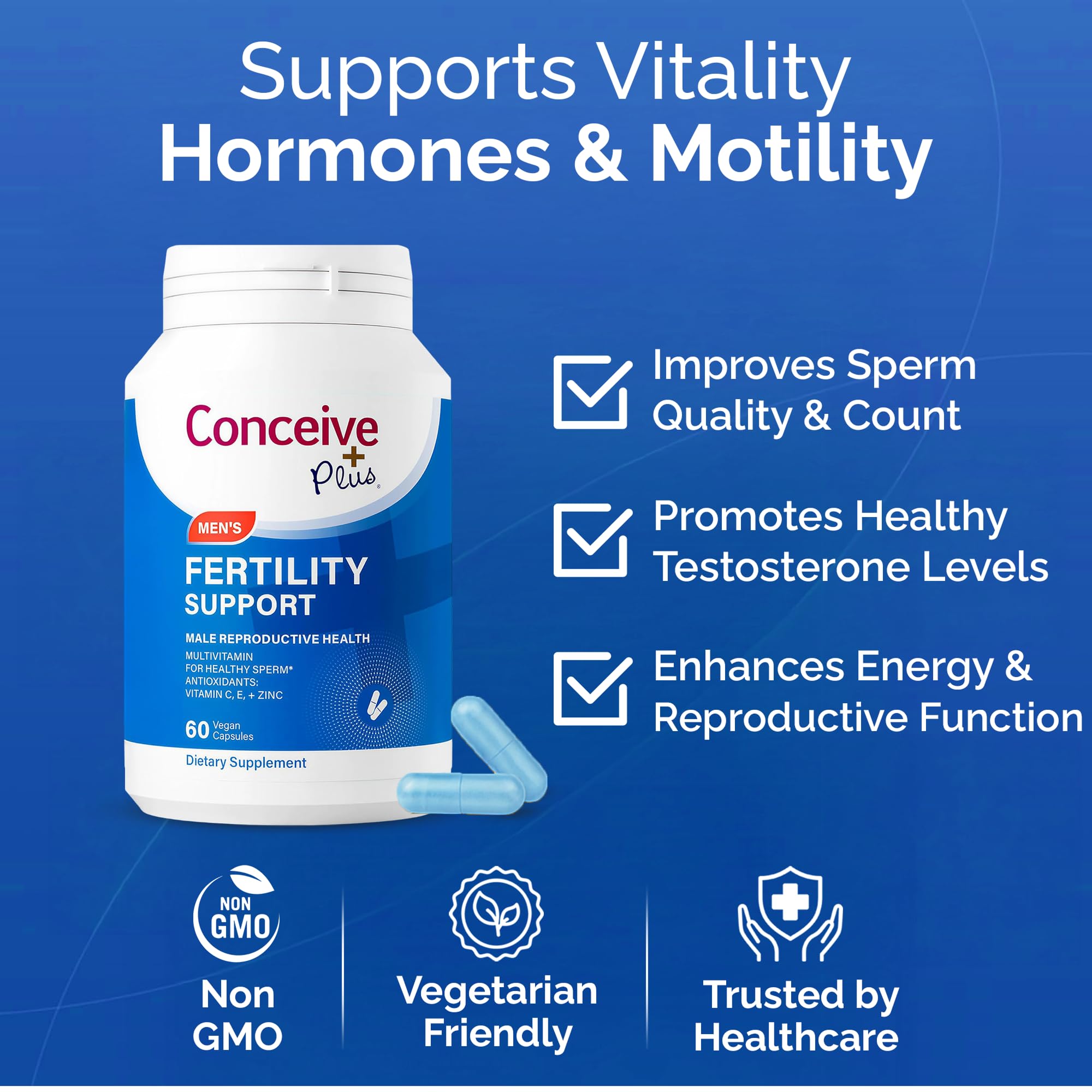 Two Conceive Plus Men’s Fertility Support capsules on white