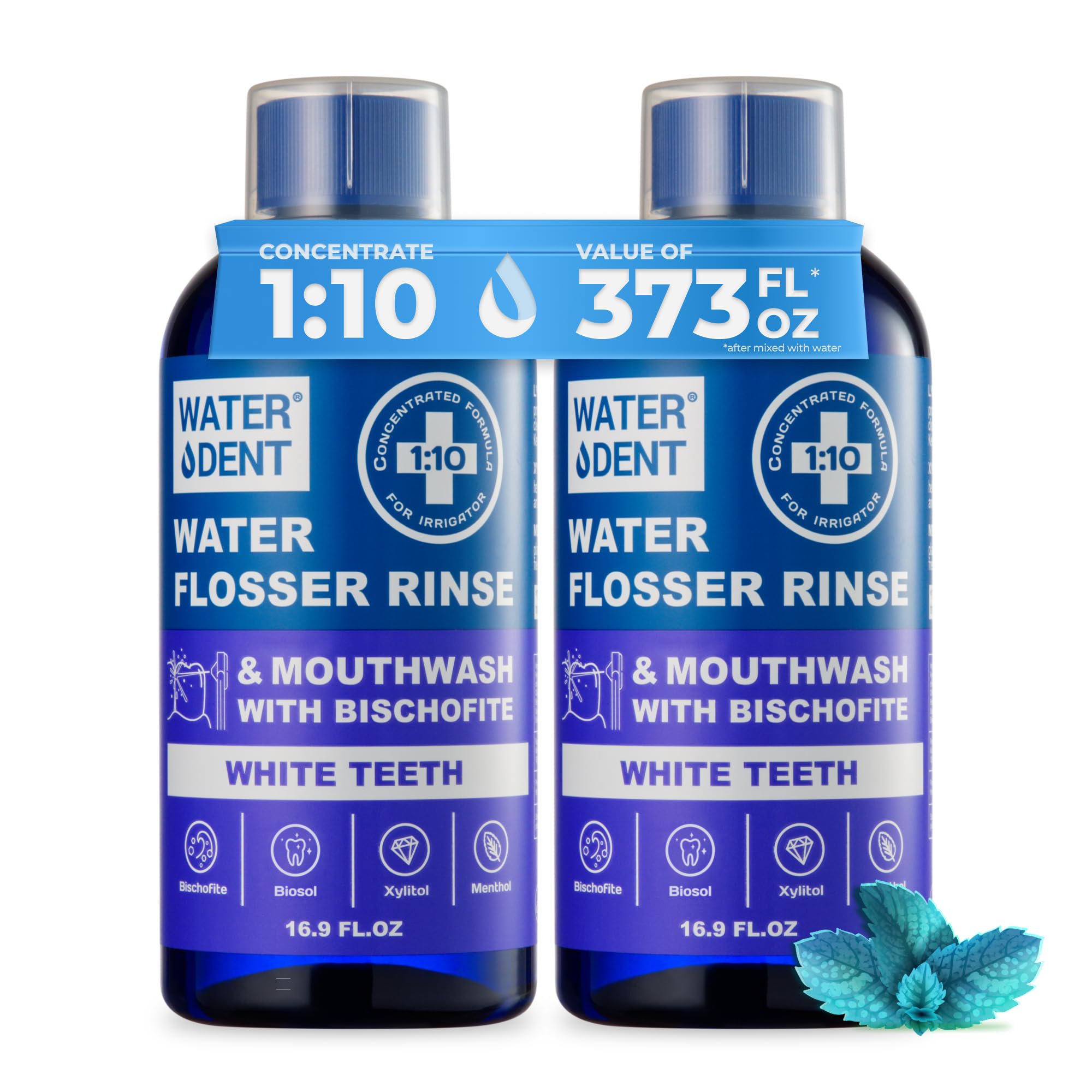 Front view of concentrated water flosser rinse 2-pack bottle