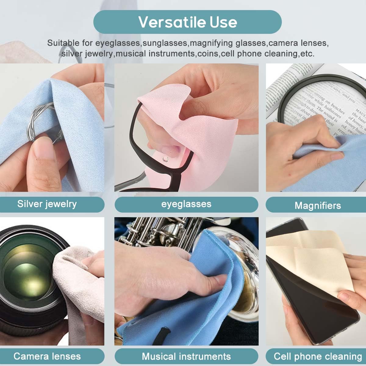 Cloths being used to clean eyeglasses and sunglasses