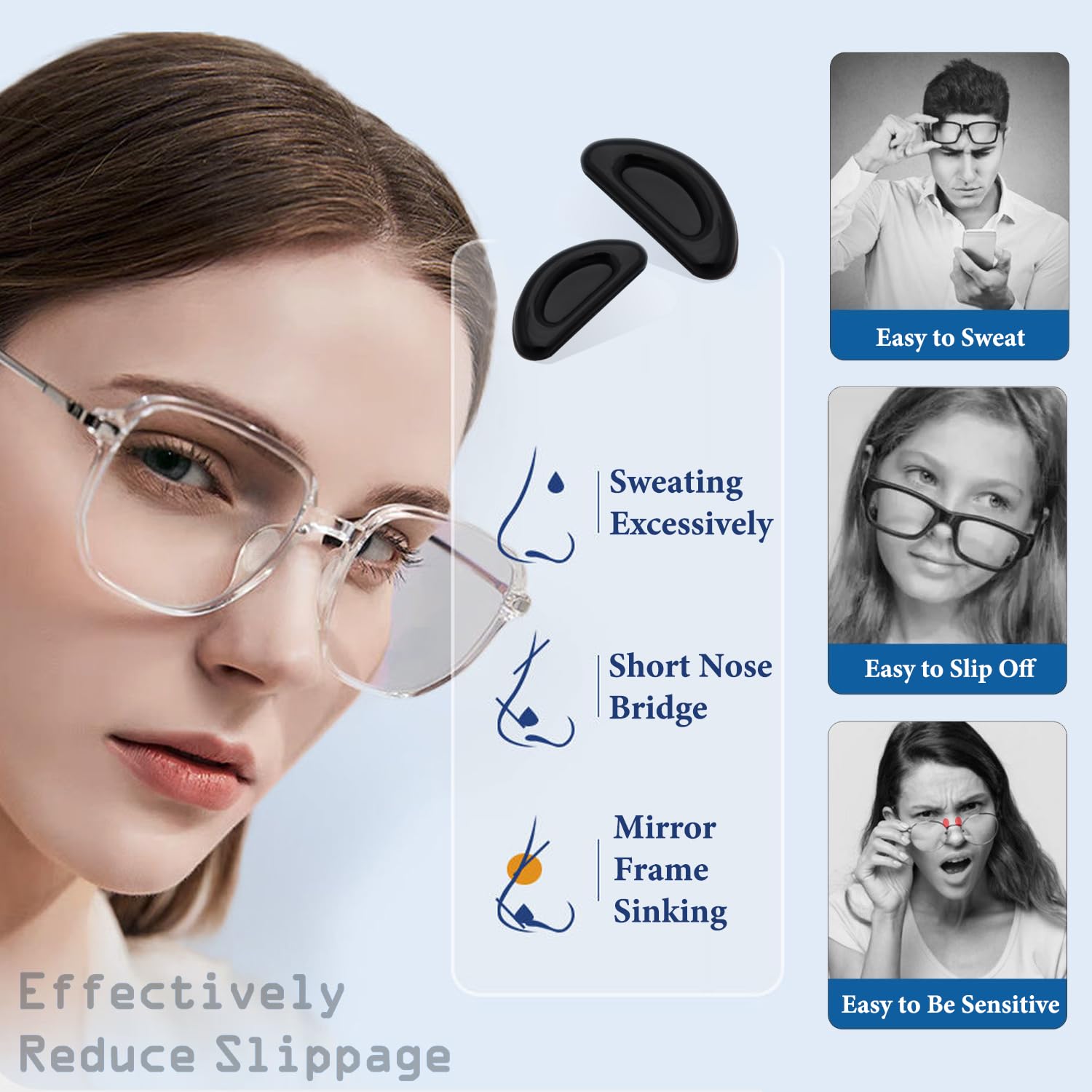 Nose pads attached to eyeglass frame showing anti-slip fit