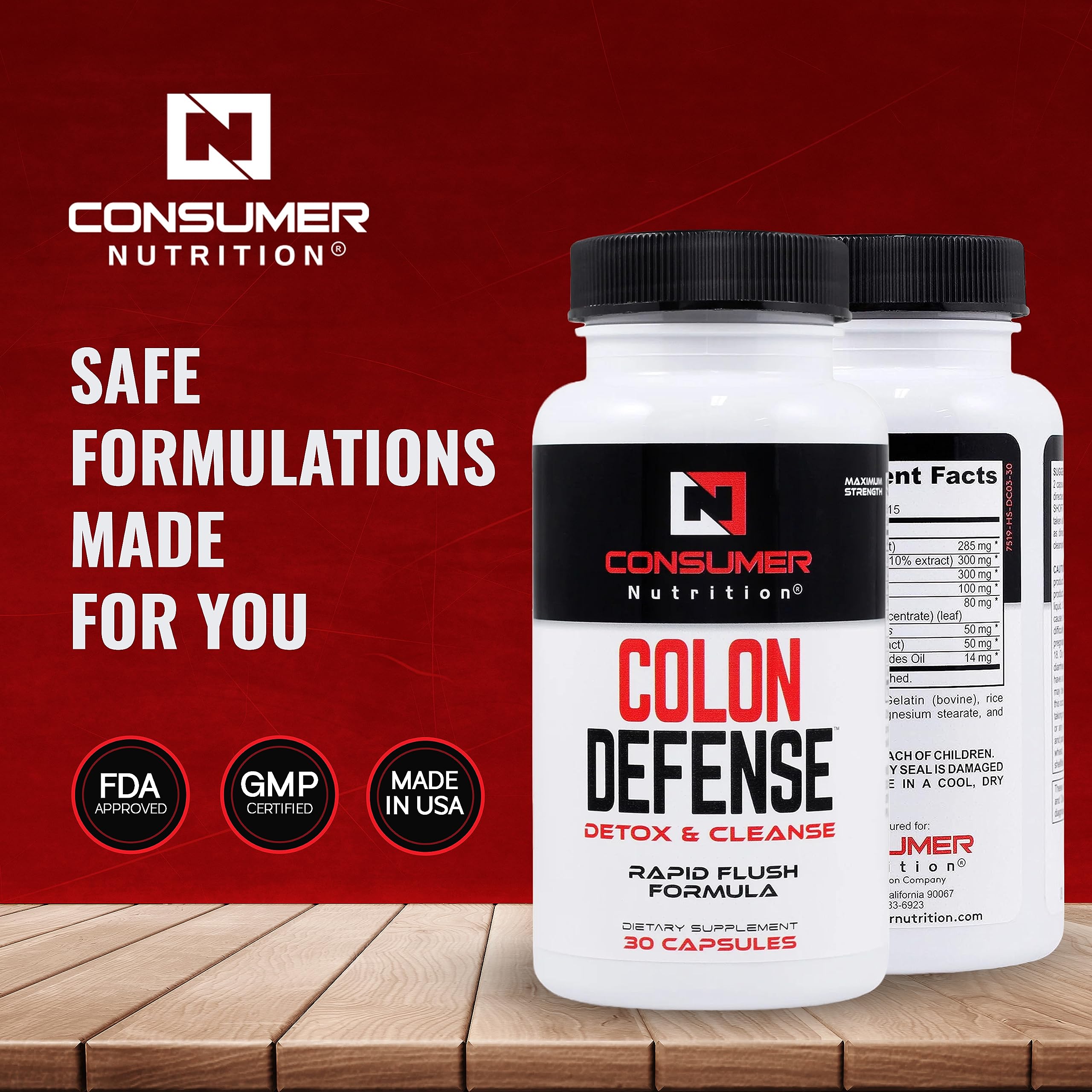 Consumer Nutrition Colon Cleanse capsules being poured for convenient daily dosage.
