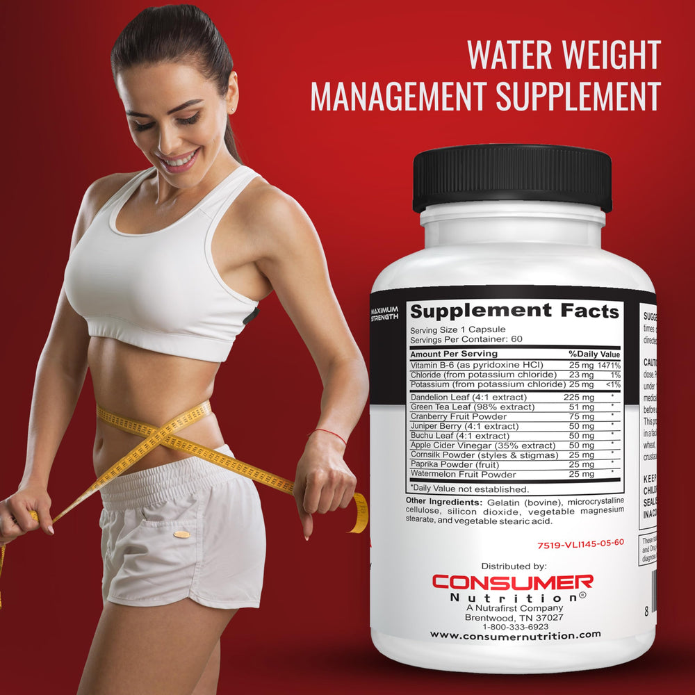 Consumer Nutrition diuretic pills capsules close-up highlighting natural fluid balance blend