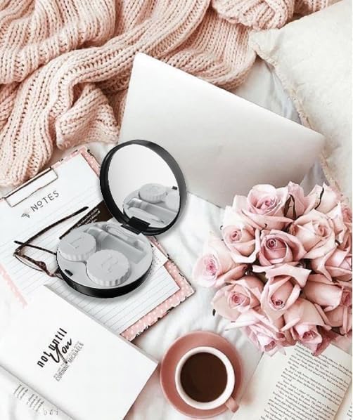 Portable travel-sized contact case with mirror, tweezers, and solution bottle