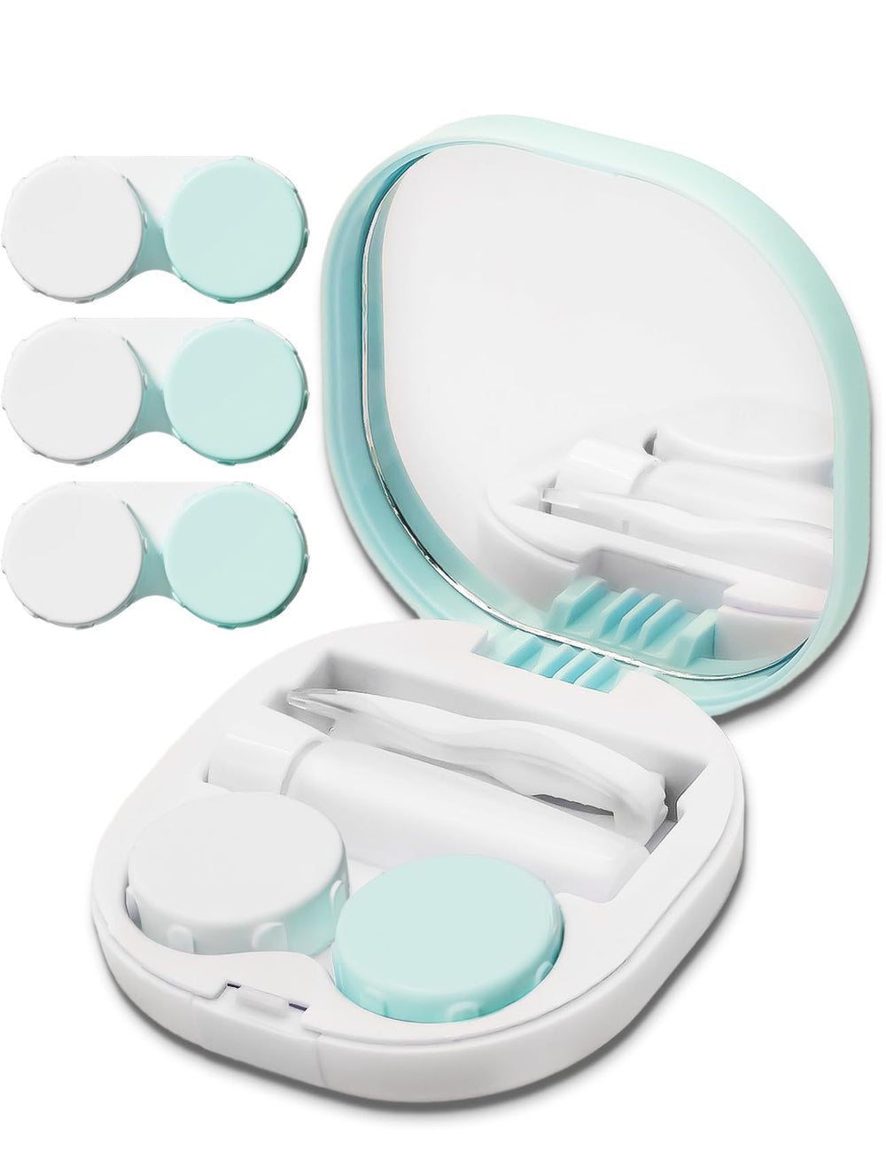 Mint green portable contact lens case with dual-color cap and mirror.