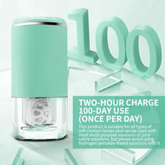 Palm-sized green contact lens cleaner with travel case