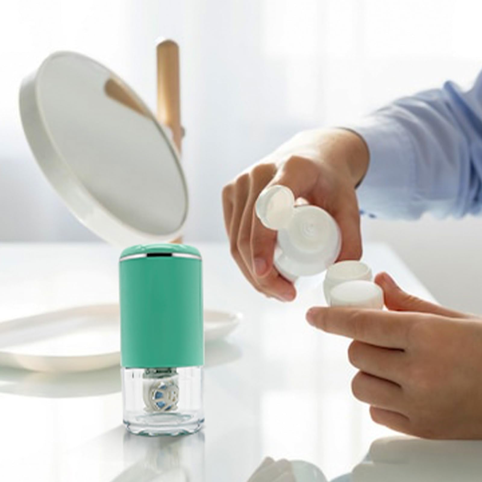 Travel-friendly green contact lens cleaner in electric case