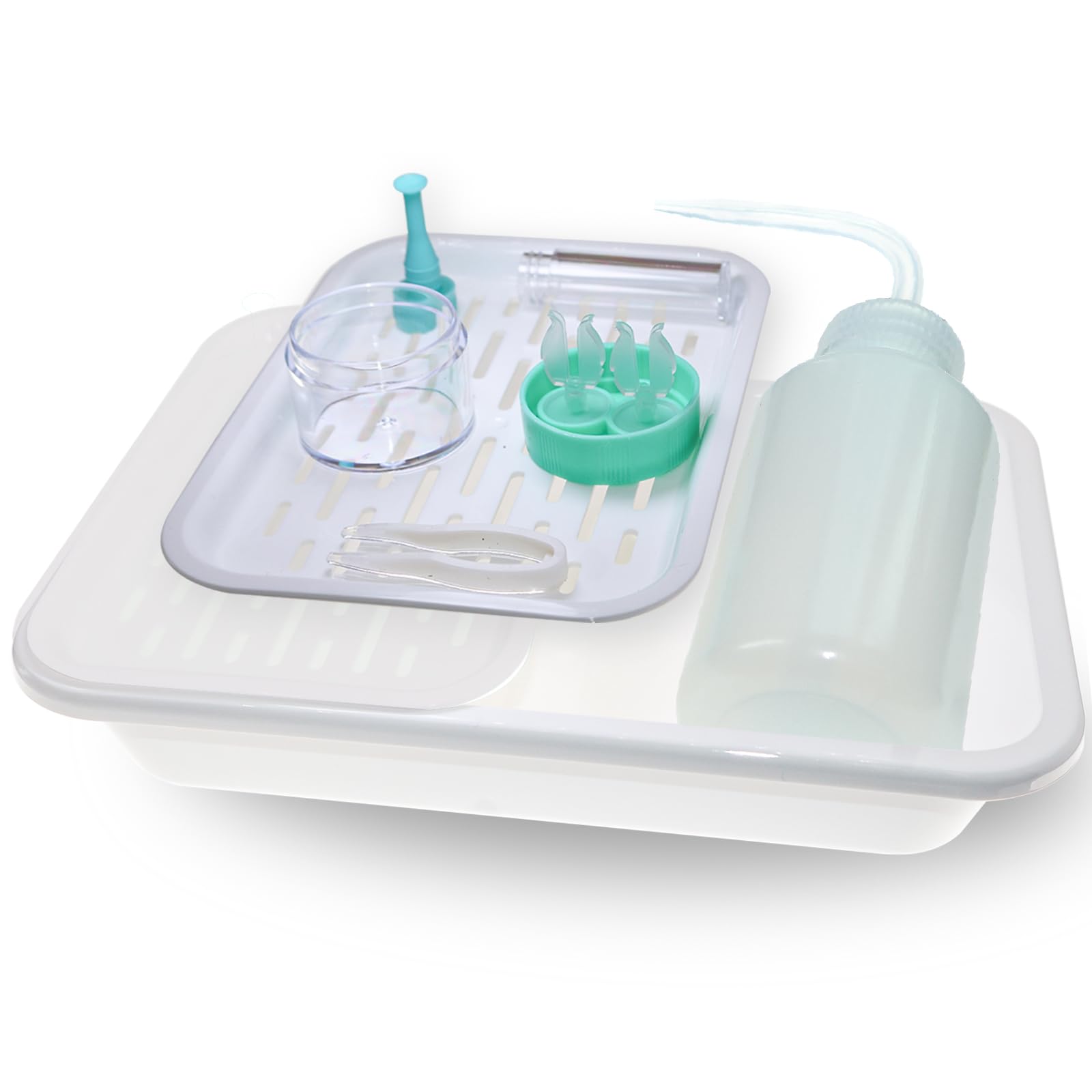 Front view of contact lens cleaner tray with 150ml bottle