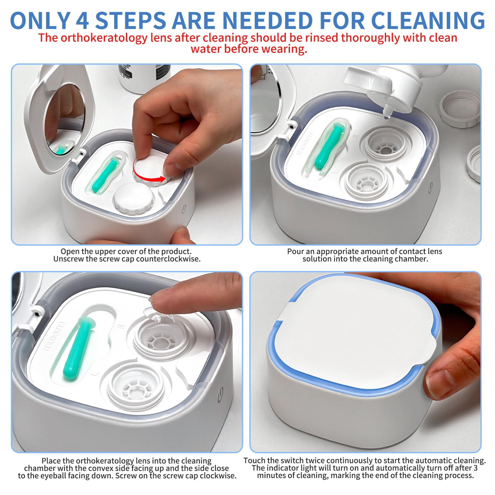 White ultrasonic lens cleaner compatible with OK, RGP, colored and soft lenses