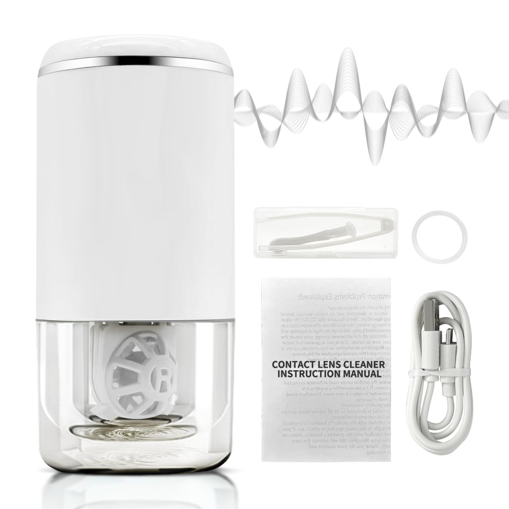 Ivory white portable ultrasonic contact lens cleaner with USB charging cable