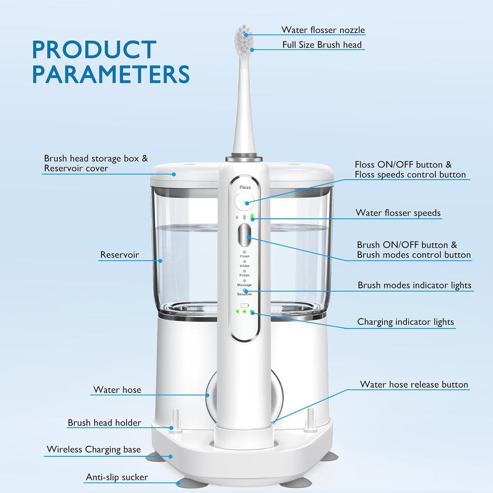 Package contents including toothbrush, charger, heads, reservoir, and manual