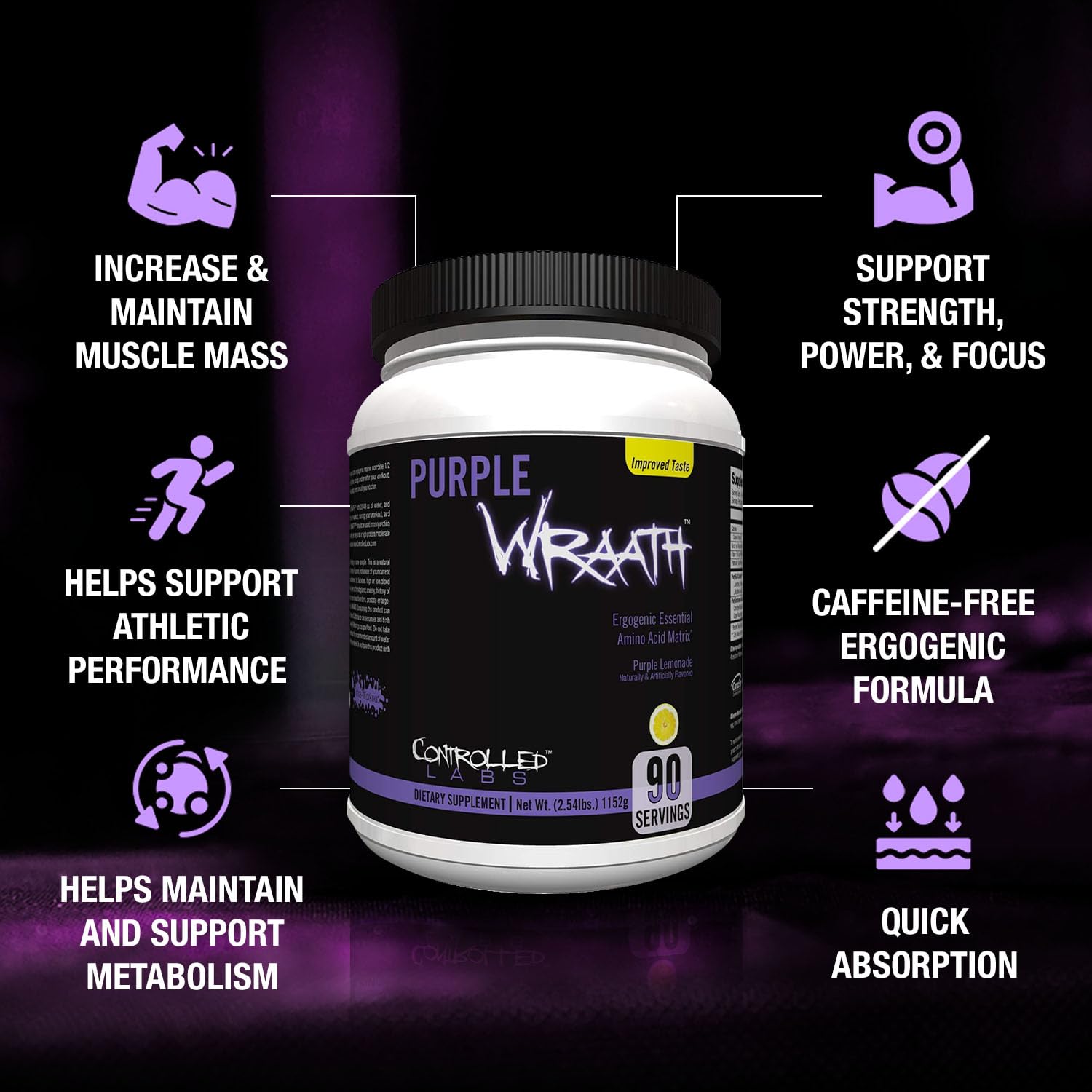 Purple Wraath powder scoop with label, highlighting fast amino delivery for workouts