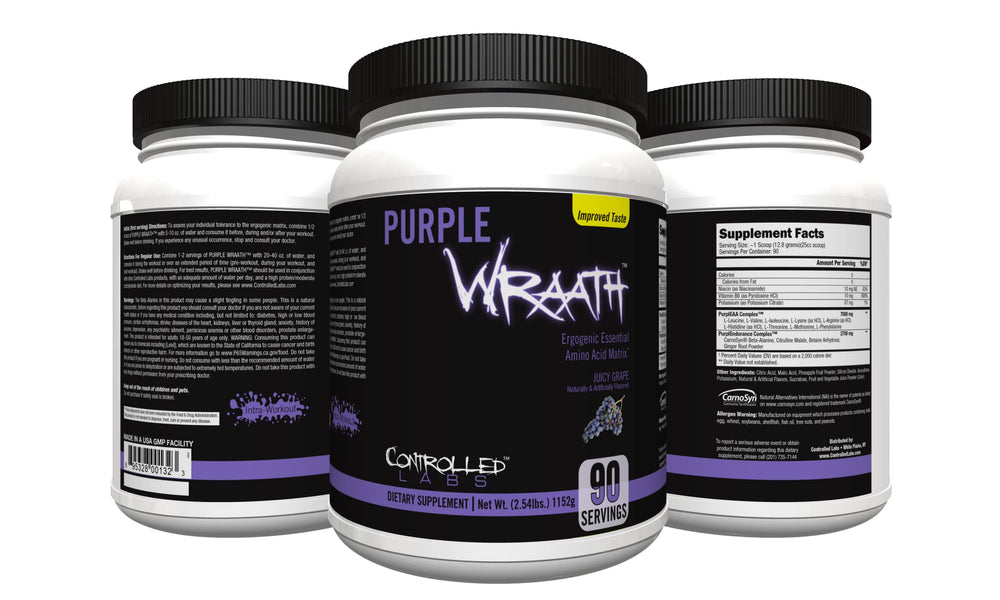 CONTROLLED LABS Purple Wraath powder tub in Juicy Grape supports endurance during workouts.