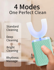 Ergonomic U-shaped toothbrush design wrapping around teeth