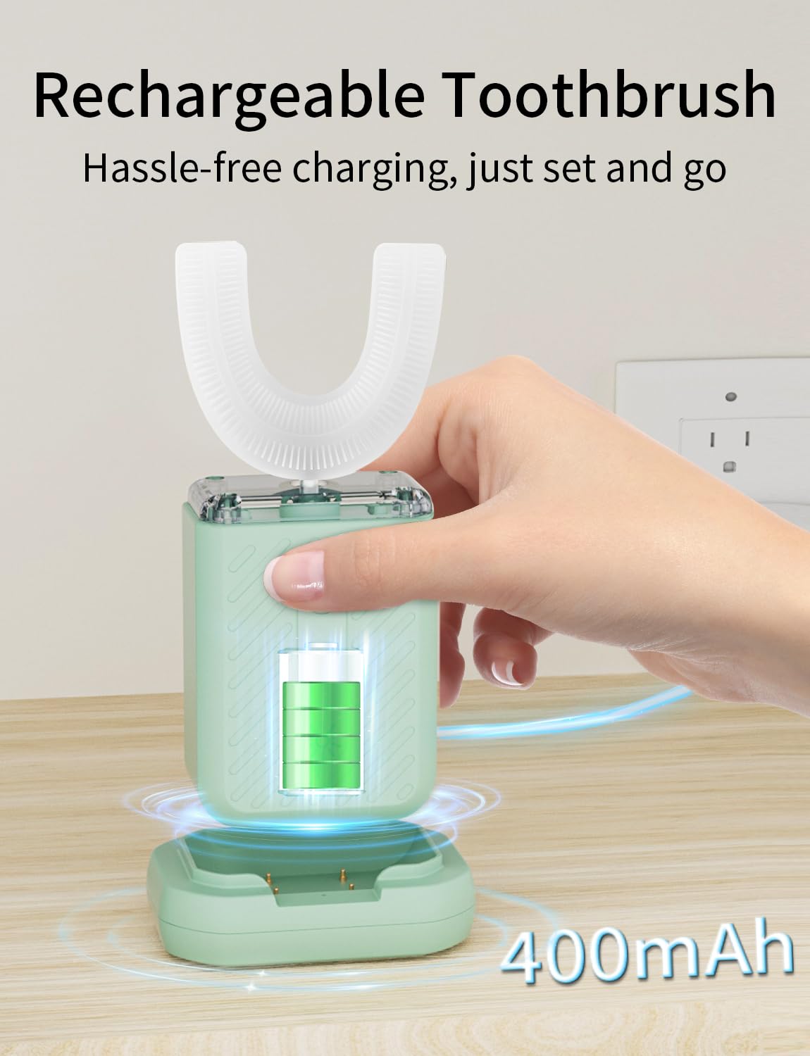 Mint COOBST U-shaped toothbrush in charging dock