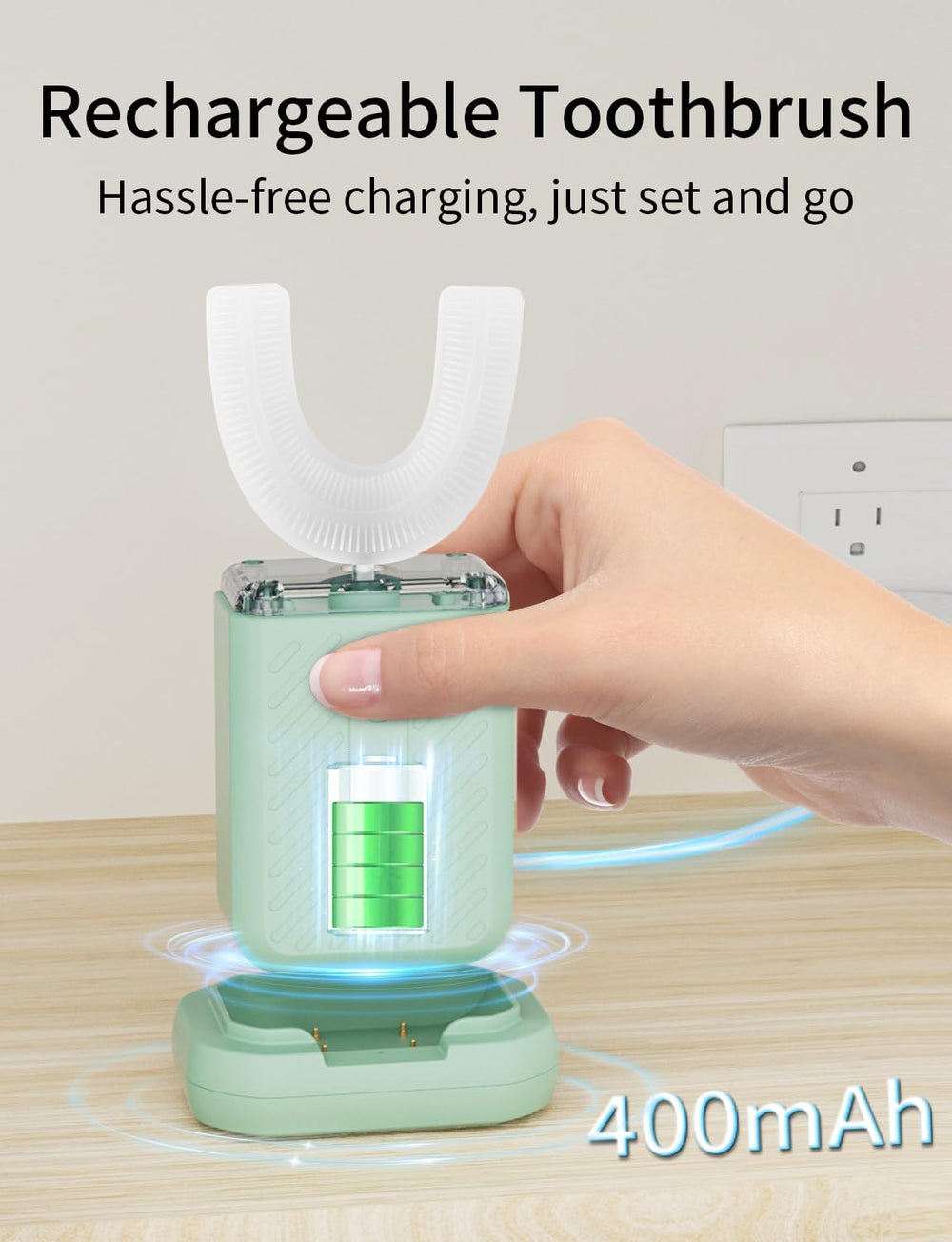 Mint COOBST U-shaped toothbrush in charging dock