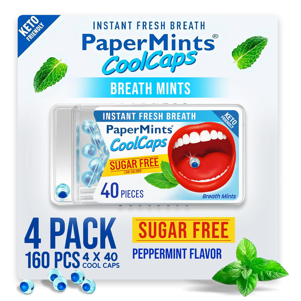 PaperMints CoolCaps outer capsule popping in a mouth for instant freshness