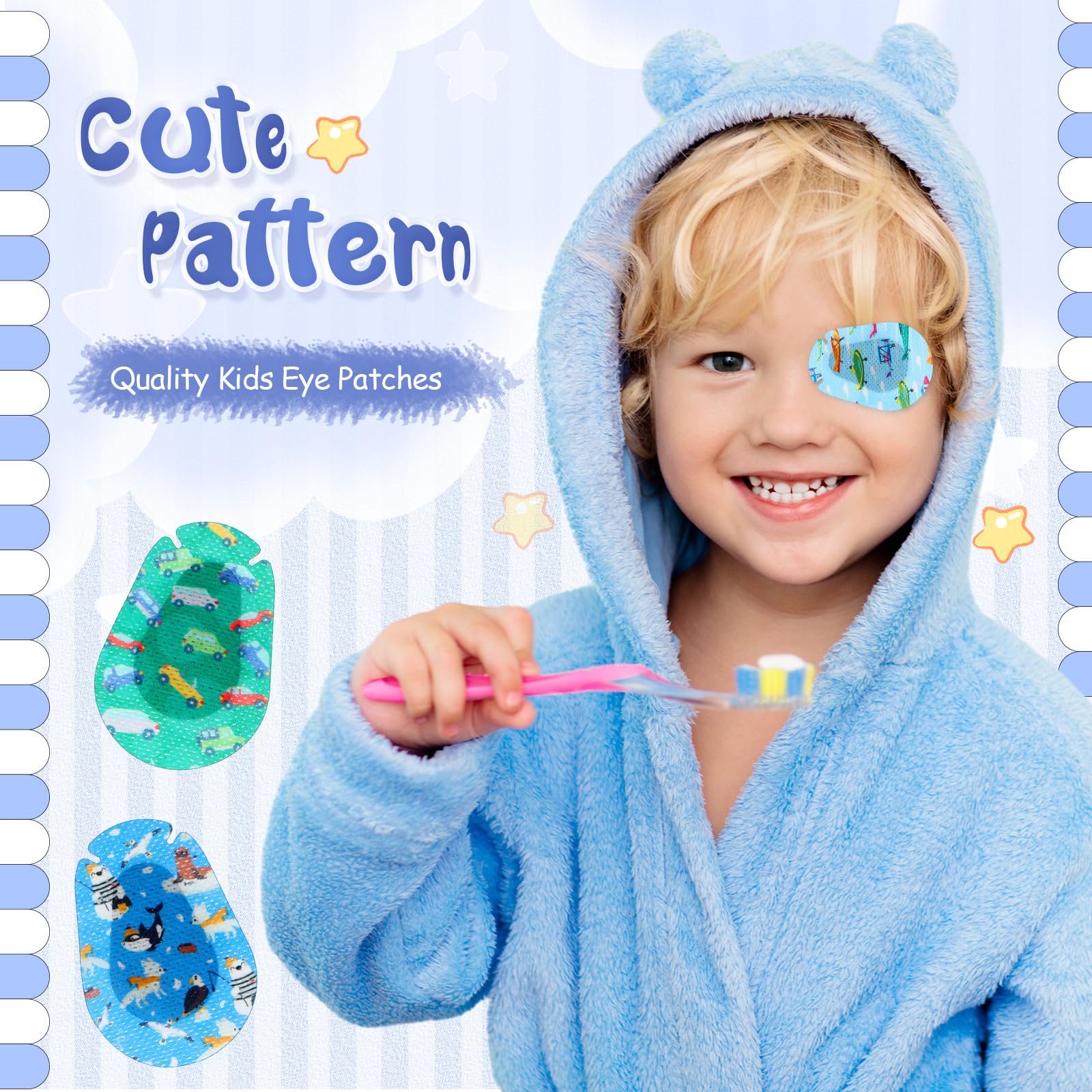 Disposable adhesive eye patches for kids, packaging visible