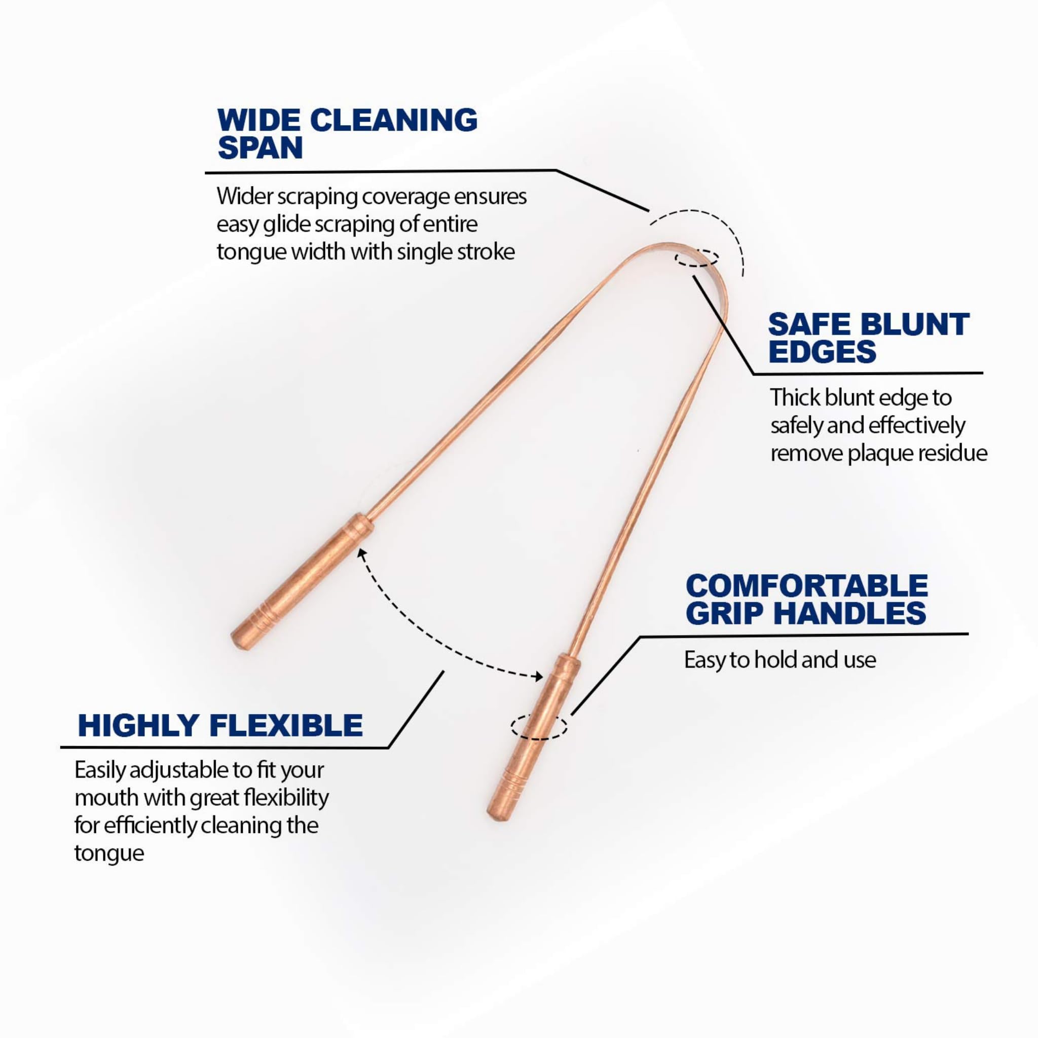 Ergonomic U-shaped copper tongue cleaners showing curve