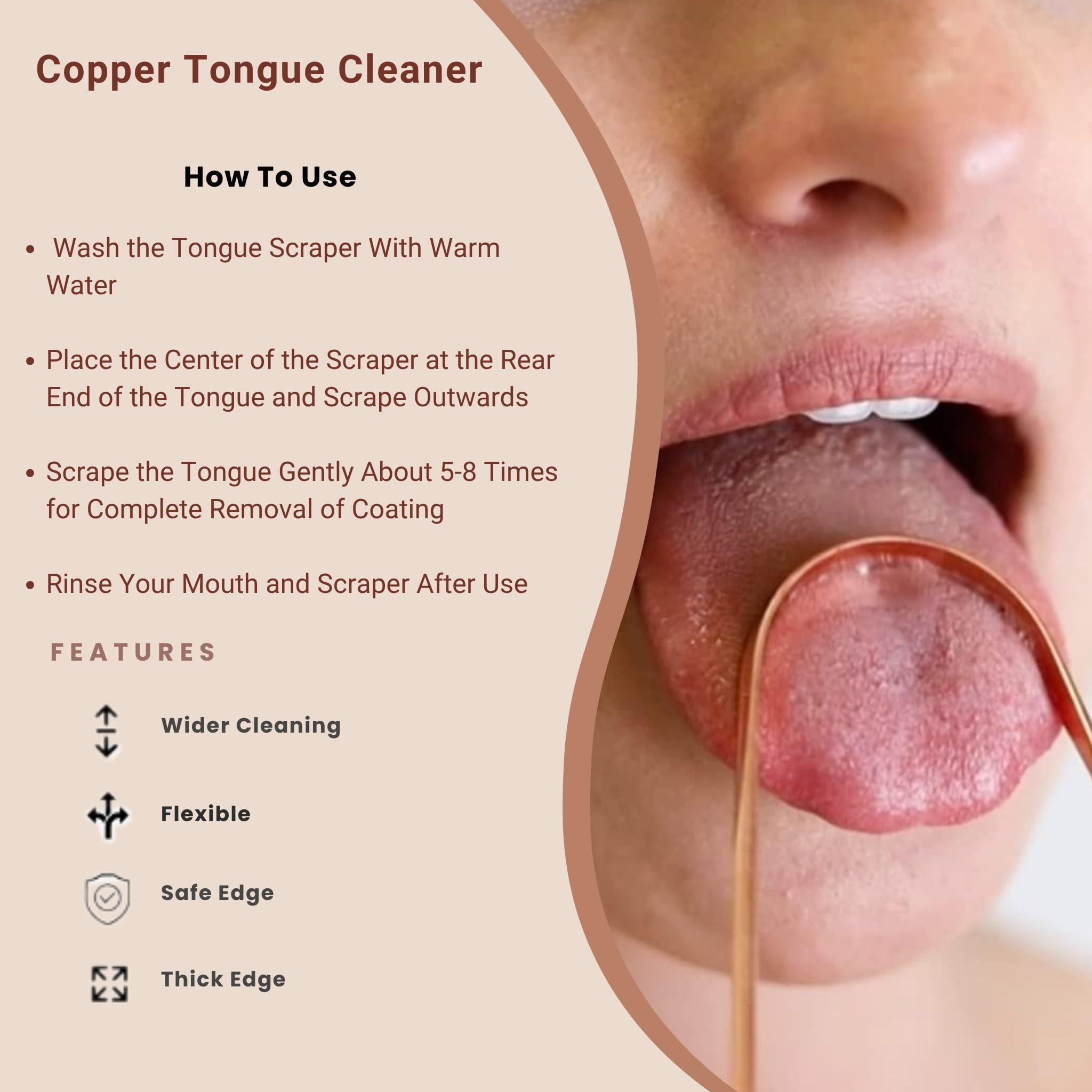 Child using copper tongue scraper under supervision