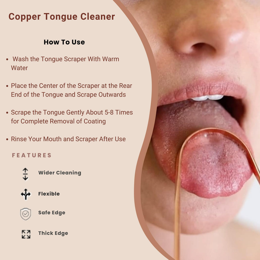 Child using copper tongue scraper under supervision