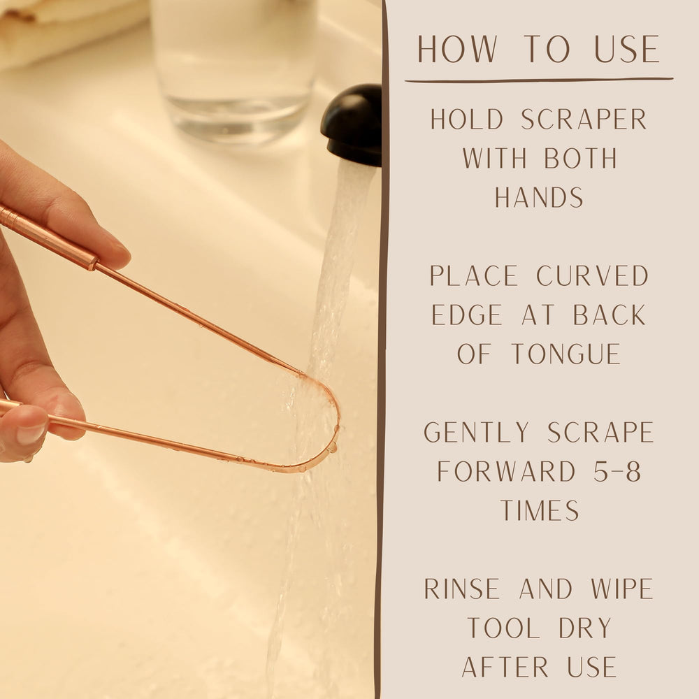 Ergonomic angled copper tongue scraper for deeper cleaning