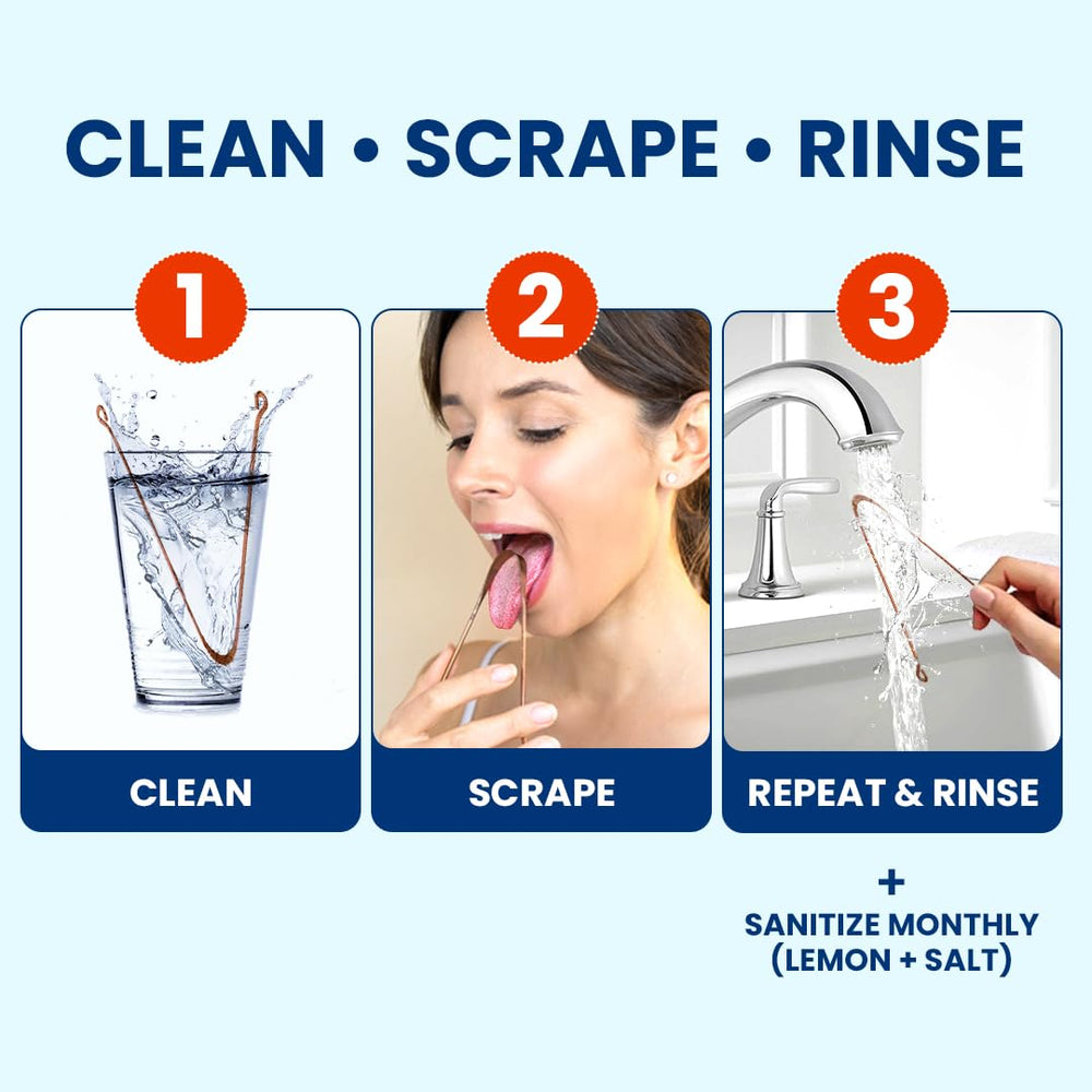 Ergonomic bottom view of copper tongue scraper