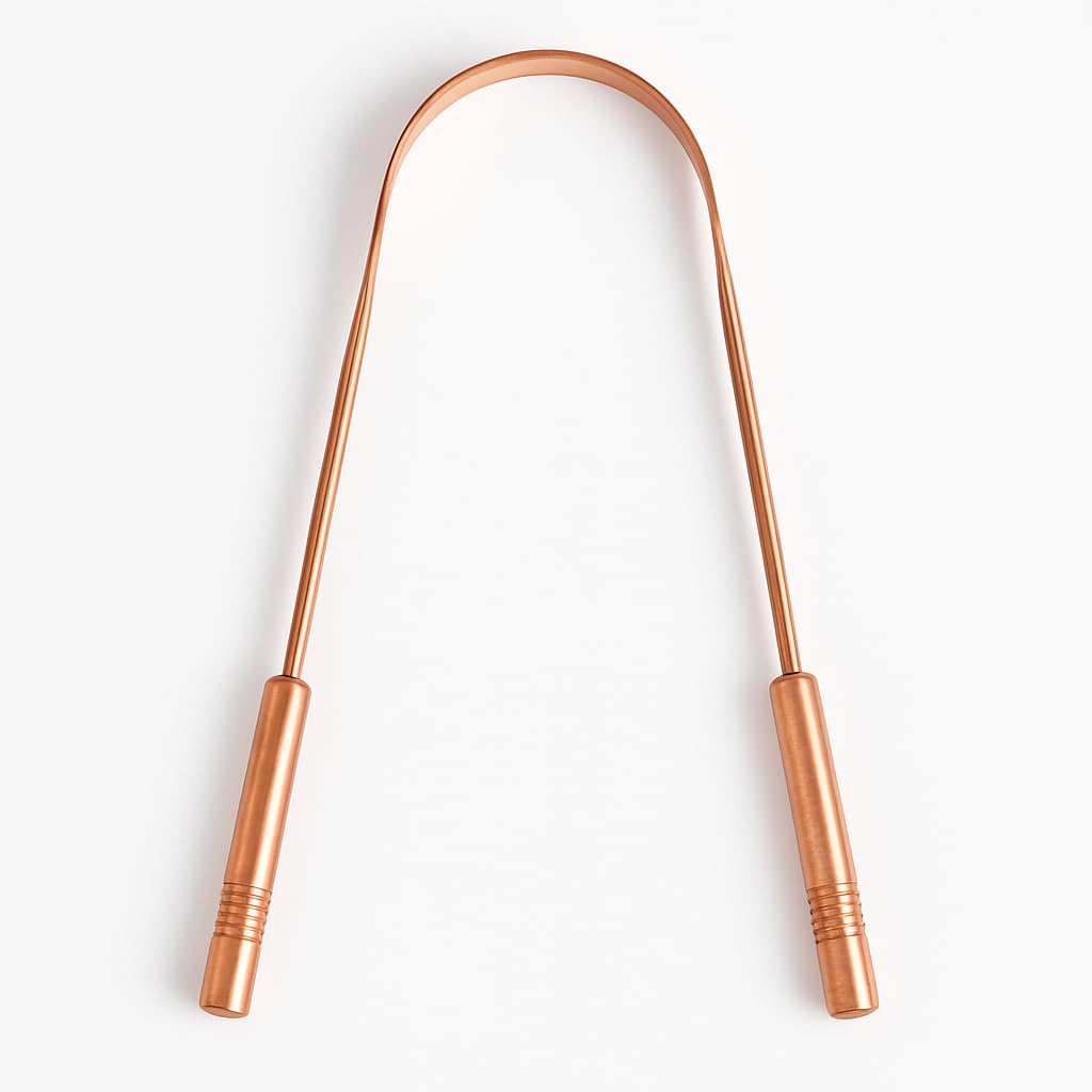 Close-up of copper tongue scraper showing U-shaped design
