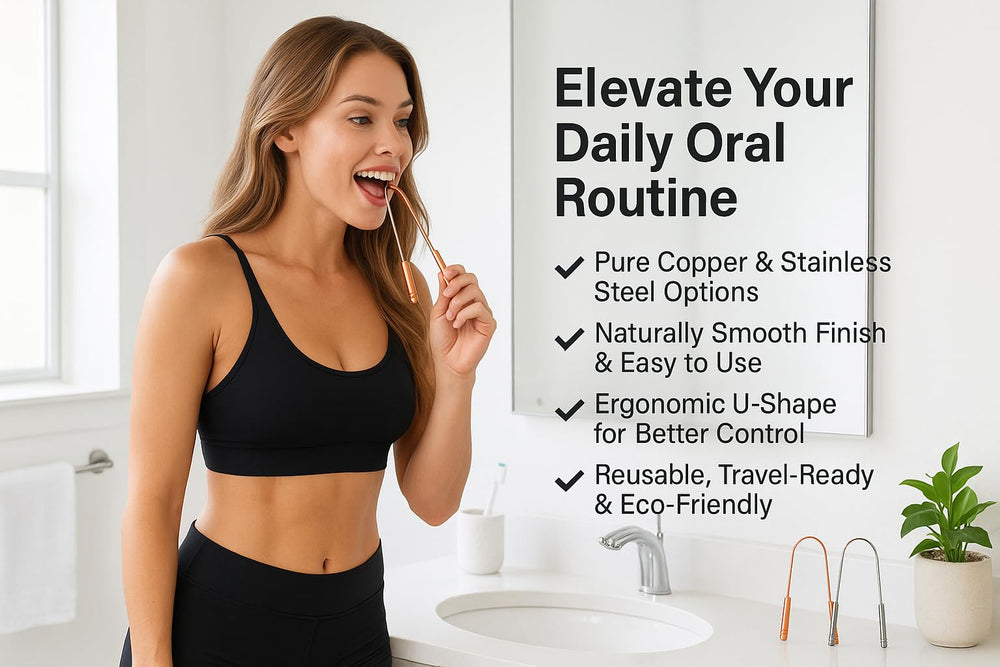 Smooth ergonomic handle on copper tongue scraper