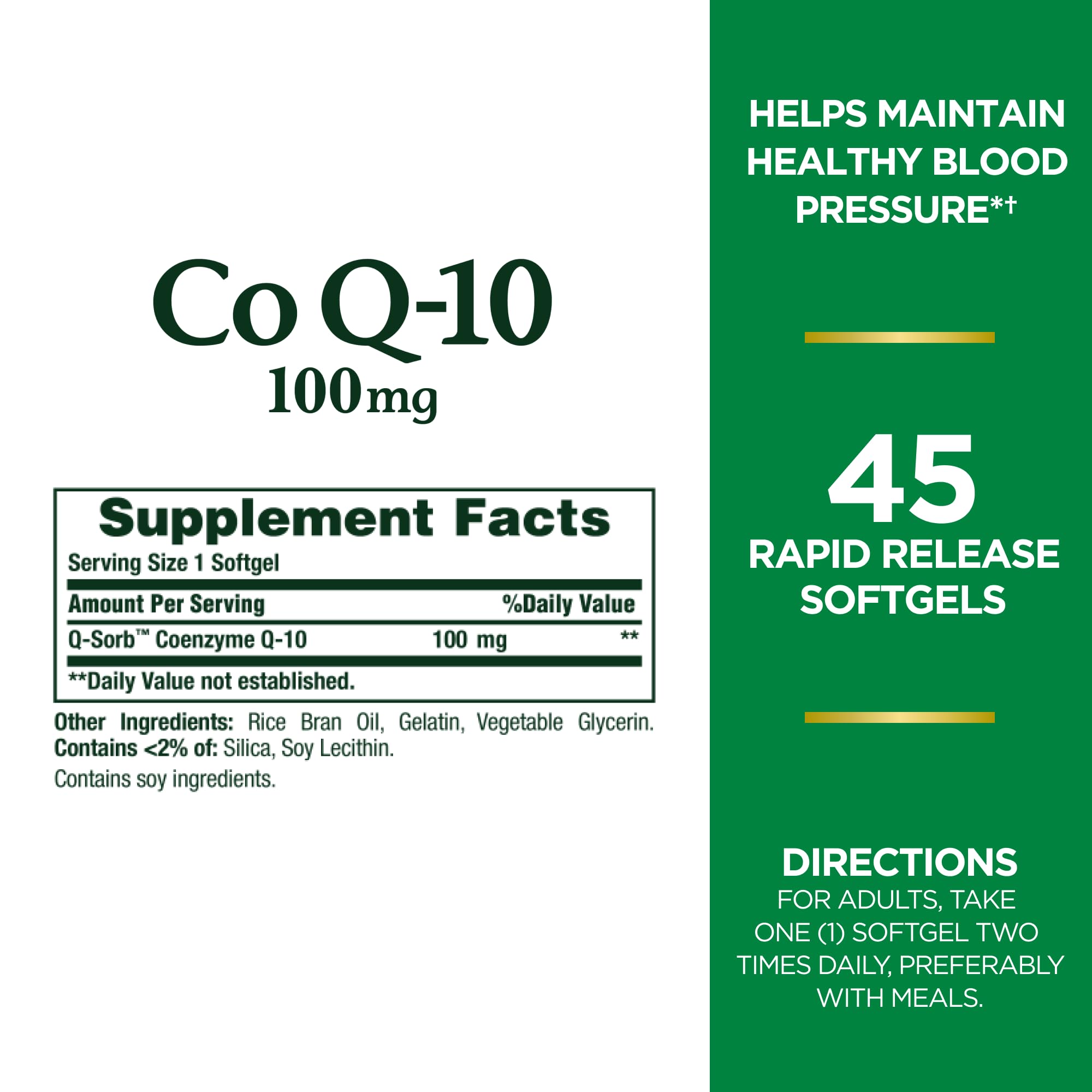 CoQ-10 100mg softgels packaging highlighting heart health benefits