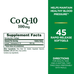 CoQ-10 100mg softgels packaging highlighting heart health benefits