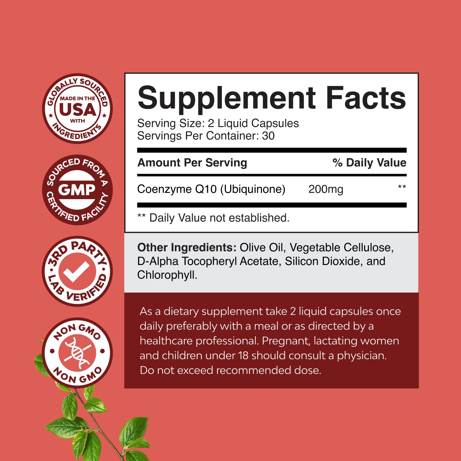 Bottle label displaying CoQ10 200mg per serving