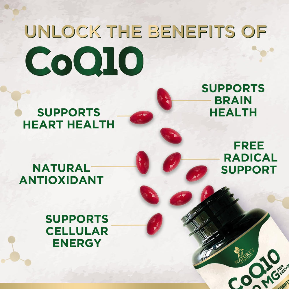 Heart health graphic with CoQ10 softgels