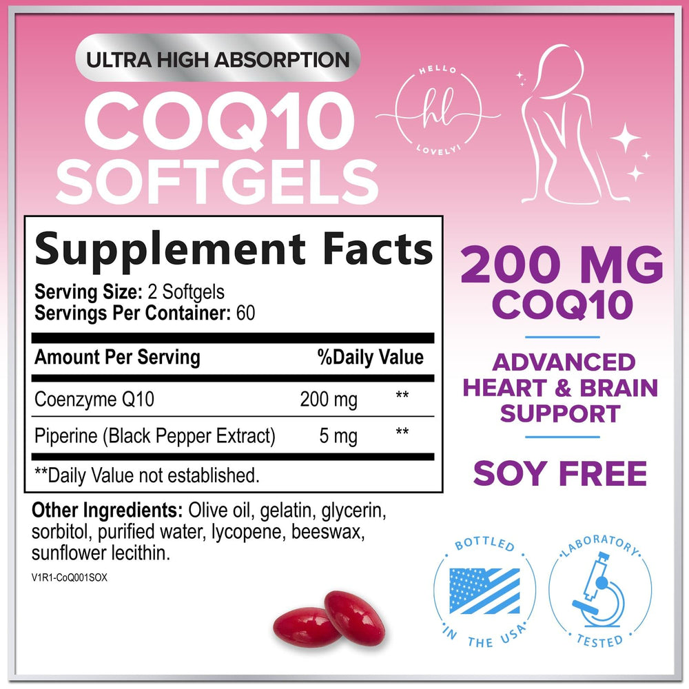 CoQ10 200mg softgels product label with dosage information